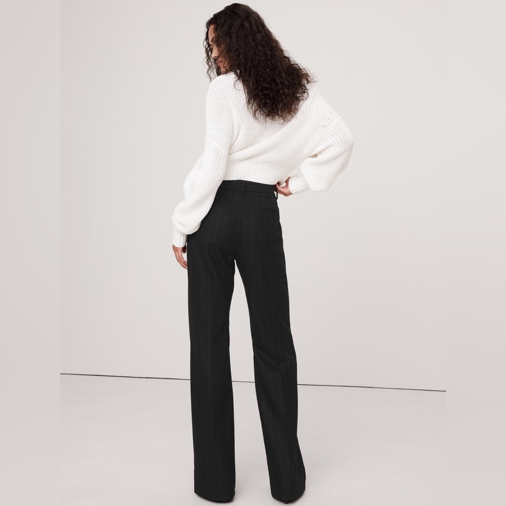 NWT! BANANA REPUBLIC WOMENS BLACK STRIPE HIGH-RISE WIDE-LEG FLARE FLANNEL PANT - Picture 2 of 9